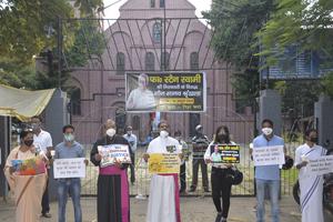 Archbishop Felix Toppo and auxiliary bishop Theodore Mascarenhas leading a protest in front of St. Mary's Cathedral in Ranchi where Fr Stan was arrested. Archbishop Felix Toppo and auxiliary bishop Theodore Mascarenhas leading a protest in front of St. Mary's Cathedral in Ranchi where Fr Stan was arrested.