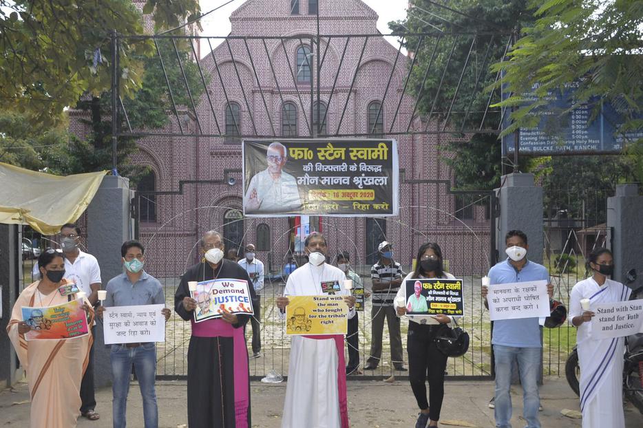 Archbishop Felix Toppo and auxiliary bishop Theodore Mascarenhas leading a protest in front of St. Mary's Cathedral in Ranchi where Fr Stan was arrested. Archbishop Felix Toppo and auxiliary bishop Theodore Mascarenhas leading a protest in front of St. Mary's Cathedral in Ranchi where Fr Stan was arrested.