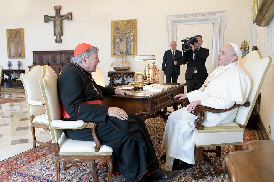 Pope Francis received Cardinal George Pell, former prefect of the Secretariat for the Economy, in a private audience at the Vatican, Oct. 12, 2020. Pope Francis received Cardinal George Pell, former prefect of the Secretariat for the Economy, in a private audience at the Vatican, Oct. 12, 2020.