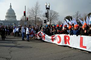 The March For Life banner extends completely across the street as it passes the US Capitol building on Jan. 18, 2019. The March For Life banner extends completely across the street as it passes the US Capitol building on Jan. 18, 2019.