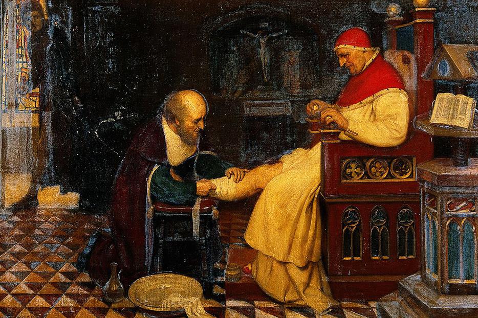 Ernest Board, “Guy de Chauliac Bandaging the Leg of Pope Clement VII at Avignon” c. 1348 Ernest Board, “Guy de Chauliac Bandaging the Leg of Pope Clement VII at Avignon” c. 1348