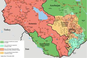Under duress, Armenia signed a Russian-brokered peace deal with Azerbaijan. The territory in turquoise, including the town of Shushi (in gray oval) was taken by Azeri military force in November and retained in the peace agreement of Nov. 10. Shushi has been part of the Armenian ‘cradle of Christianity’ for centuries; Armenia adopted Christianity even before Rome did. Under duress, Armenia signed a Russian-brokered peace deal with Azerbaijan. The territory in turquoise, including the town of Shushi (in gray oval) was taken by Azeri military force in November and retained in the peace agreement of Nov. 10. Shushi has been part of the Armenian ‘cradle of Christianity’ for centuries; Armenia adopted Christianity even before Rome did.