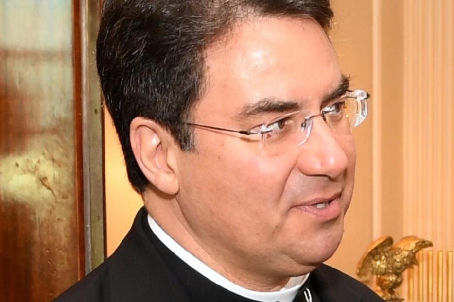 Bishop Oscar Cantú of the Diocese of Las Cruces and chair of the Committee on International Justice and Peace of the United States Conference of Catholic Bishops greets U.S. Secretary of State Rex Tillerson before a meeting at the U.S. Department of State in Washington, D.C. on March 23, 2017. Bishop Oscar Cantú of the Diocese of Las Cruces and chair of the Committee on International Justice and Peace of the United States Conference of Catholic Bishops greets U.S. Secretary of State Rex Tillerson before a meeting at the U.S. Department of State in Washington, D.C. on March 23, 2017.