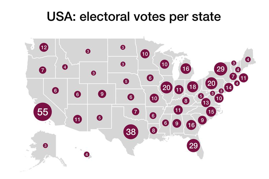 A map shows the number of electoral votes per state. A map shows the number of electoral votes per state.