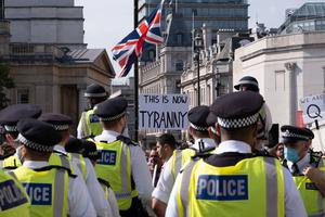 Metropolitan police officers at a protest against Covid-19 lockdown restrictions in Trafalgar Square on September 19 2020. Metropolitan police officers at a protest against Covid-19 lockdown restrictions in Trafalgar Square on September 19 2020.