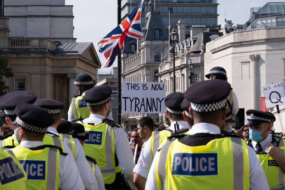 Metropolitan police officers at a protest against Covid-19 lockdown restrictions in Trafalgar Square on September 19 2020. Metropolitan police officers at a protest against Covid-19 lockdown restrictions in Trafalgar Square on September 19 2020.