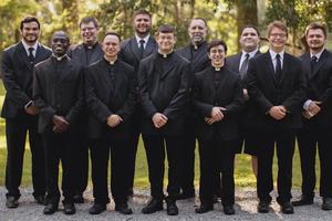 Chad Chermaie Jr., shown in the back row, third from left, along with seminarians from the Diocese of Diocese of Houma-Thibodaux, Louisiana, is pursuing his vocation after many years of much focus on football. Chad Chermaie Jr., shown in the back row, third from left, along with seminarians from the Diocese of Diocese of Houma-Thibodaux, Louisiana, is pursuing his vocation after many years of much focus on football.