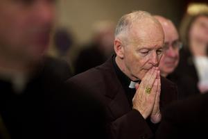 Archbishop of Washington Theodore Cardinal McCarrick prays during a prayer for deceased bishops November 11, 2002 at the start of the morning session of the US Conference of Catholic Bishops being held in the Capitol Hyatt in Washington, DC. The US Conference of Catholic Bishops met to revise its policy on pedophile priests after the Vatican rejected their first "zero tolerance" recommendation to dismiss any one accused of such crimes. Archbishop of Washington Theodore Cardinal McCarrick prays during a prayer for deceased bishops November 11, 2002 at the start of the morning session of the US Conference of Catholic Bishops being held in the Capitol Hyatt in Washington, DC. The US Conference of Catholic Bishops met to revise its policy on pedophile priests after the Vatican rejected their first "zero tolerance" recommendation to dismiss any one accused of such crimes.