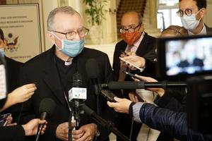 Vatican Secretary of State Cardinal Pietro Parolin talks to journalists after a symposium organized by the U.S. Embassy to the Holy See in Rome Sept. 30, 2020. Vatican Secretary of State Cardinal Pietro Parolin talks to journalists after a symposium organized by the U.S. Embassy to the Holy See in Rome Sept. 30, 2020.