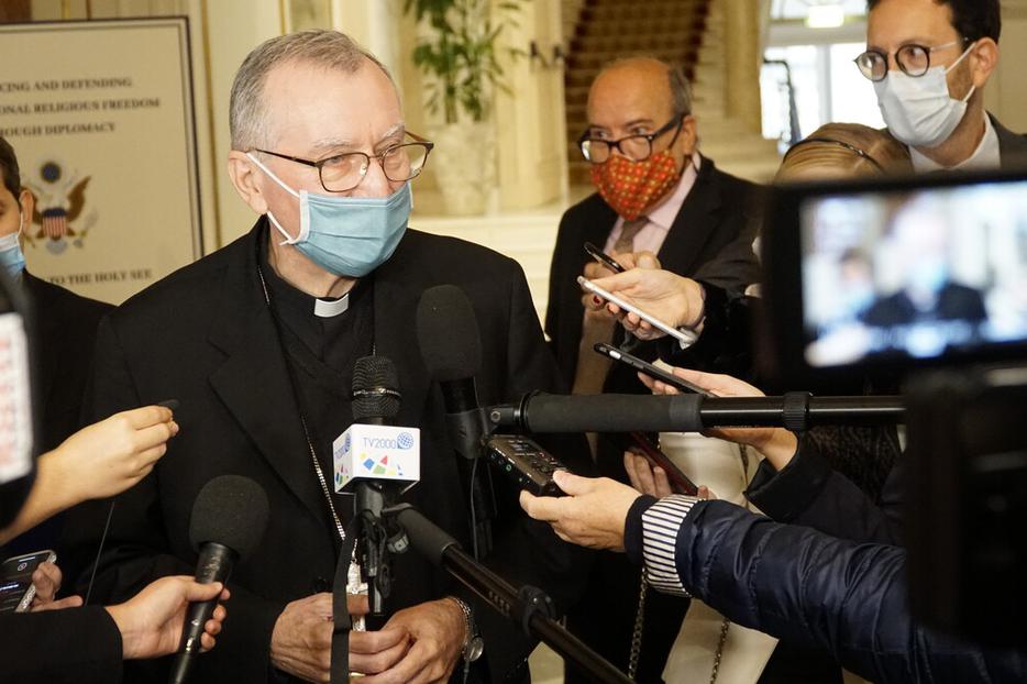 Vatican Secretary of State Cardinal Pietro Parolin talks to journalists after a symposium organized by the U.S. Embassy to the Holy See in Rome Sept. 30, 2020. Vatican Secretary of State Cardinal Pietro Parolin talks to journalists after a symposium organized by the U.S. Embassy to the Holy See in Rome Sept. 30, 2020.