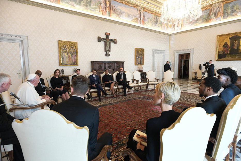 Pope Francis meets a delegation from the National Basketball Players Association at the Vatican Nov. 23, 2020. Pope Francis meets a delegation from the National Basketball Players Association at the Vatican Nov. 23, 2020.