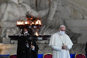 Pope Francis, wearing a facemask, participated in the Prayer Meeting for Peace in Rome's Piazza del Campidoglio, on the Capitoline Hill, Oct. 20, 2020. Pope Francis, wearing a facemask, participated in the Prayer Meeting for Peace in Rome's Piazza del Campidoglio, on the Capitoline Hill, Oct. 20, 2020.