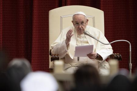 Pope Francis speaks during the Wednesday general audience inside the San Damaso Courtyard of the Vatican's Apostolic Palace, Sept. 30, 2020. Pope Francis speaks during the Wednesday general audience inside the San Damaso Courtyard of the Vatican's Apostolic Palace, Sept. 30, 2020.