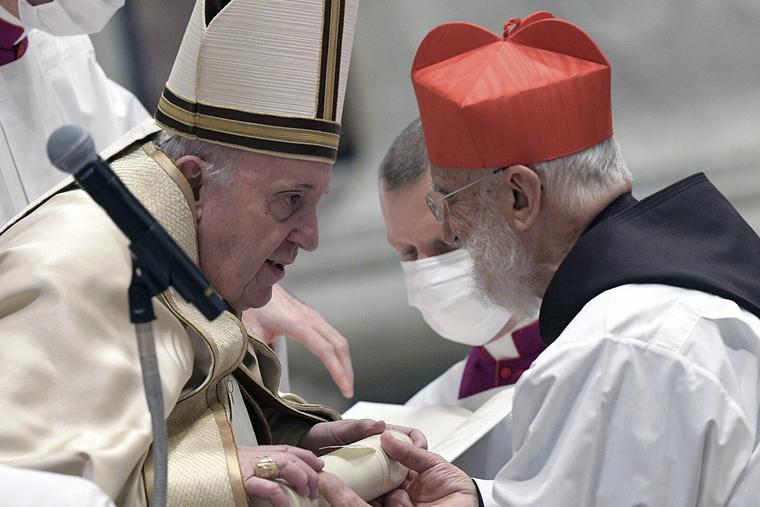 Cardinal Raniero Cantalamessa receives the red hat from Pope Francis on Nov. 28, 2020. Cardinal Raniero Cantalamessa receives the red hat from Pope Francis on Nov. 28, 2020.