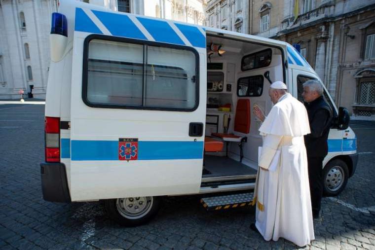 Pope Francis blesses an ambulance entrusted to the Office of Papal Charities. Pope Francis blesses an ambulance entrusted to the Office of Papal Charities.