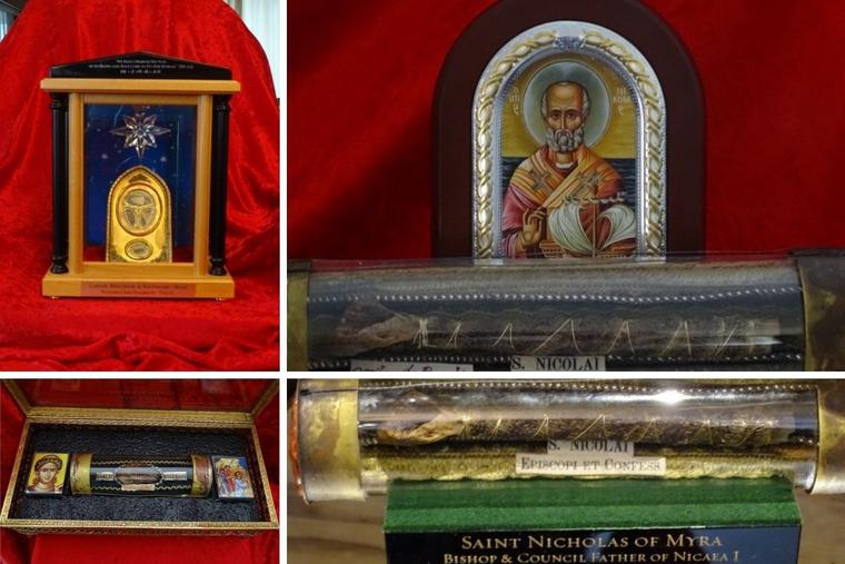 Father Joseph Marquis, pastor of Sacred Heart Byzantine Church that houses the shrine in Livonia, Michigan, has amassed quite the collection of saints’ relics. The collection includes, clockwise from top left, the Christmas crib of Jesus and bones of the Wise Men, St. Nicholas and St. Stephen. Father Joseph Marquis, pastor of Sacred Heart Byzantine Church that houses the shrine in Livonia, Michigan, has amassed quite the collection of saints’ relics. The collection includes, clockwise from top left, the Christmas crib of Jesus and bones of the Wise Men, St. Nicholas and St. Stephen.