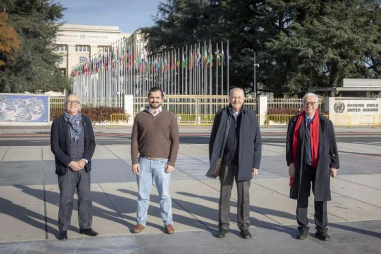 The challengers to the ban on public worship in the Swiss canton of Geneva standing outside the United Nations Headquarters. The challengers to the ban on public worship in the Swiss canton of Geneva standing outside the United Nations Headquarters.