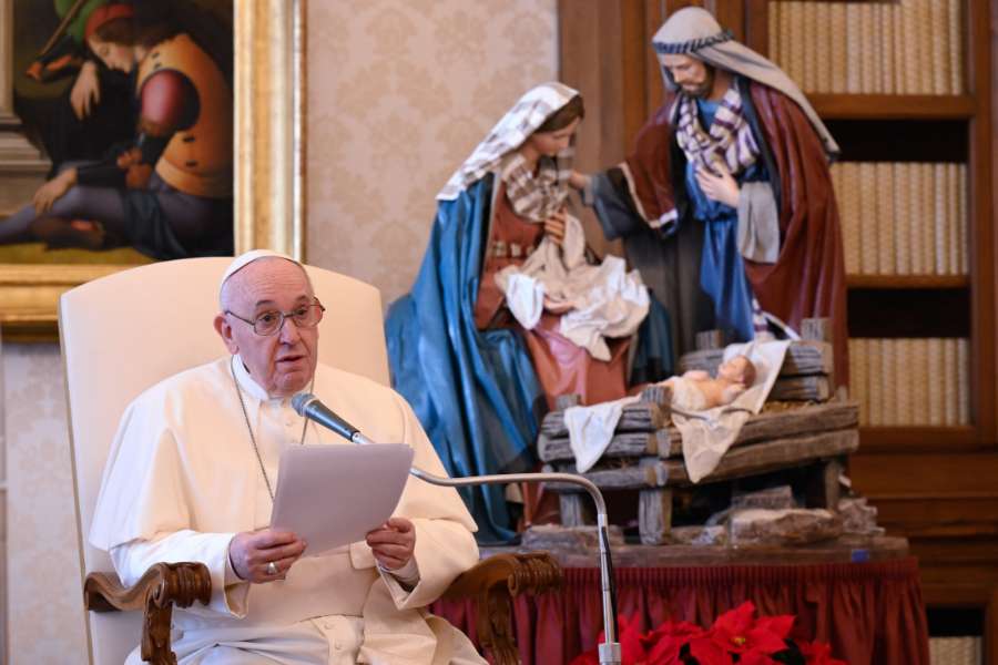 Pope Francis at his general audience address in the library of the Apostolic Palace Dec. 16, 2020. Pope Francis at his general audience address in the library of the Apostolic Palace Dec. 16, 2020.