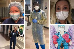 Clockwise from top left: Lisa Cooper, Isaac Kissi, Jennifer O’Neill, Shaye Evers and Aliyah Hofman are on the front lines of the pandemic. Clockwise from top left: Lisa Cooper, Isaac Kissi, Jennifer O’Neill, Shaye Evers and Aliyah Hofman are on the front lines of the pandemic.