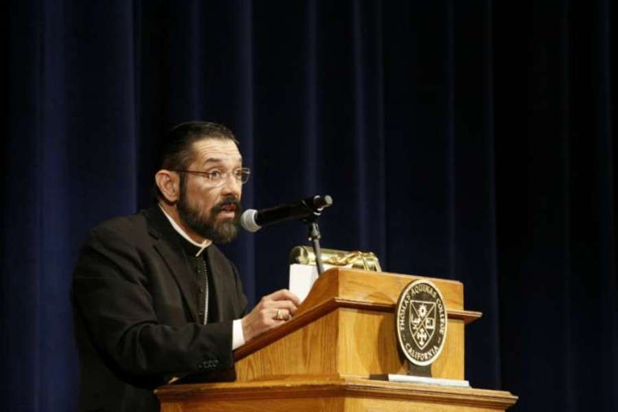 Bishop Daniel Flores of Brownsville delivers the St. Thomas Day Lecture at Thomas Aquinas College in Santa Paul, Calif., Jan. 28, 2019. Photo courtesy of TAC. Bishop Daniel Flores of Brownsville delivers the St. Thomas Day Lecture at Thomas Aquinas College in Santa Paul, Calif., Jan. 28, 2019. Photo courtesy of TAC.