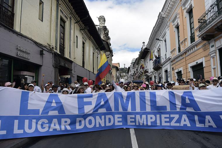 People demonstrate against same-sex marriage in Quito, Ecuador, on June 29, 2019. Ecuador's highest court approved same-sex marriage in a landmark ruling last June 12 in the traditionally Catholic nation.
RODRIGO BUENDIA People demonstrate against same-sex marriage in Quito, Ecuador, on June 29, 2019. Ecuador's highest court approved same-sex marriage in a landmark ruling last June 12 in the traditionally Catholic nation.
RODRIGO BUENDIA