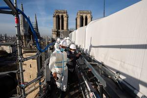 French Culture minister Roselyne Bachelot (1st-R) visits the reconstruction site of Notre-Dame cathedral in Paris, on November 24, 2020. French Culture minister Roselyne Bachelot (1st-R) visits the reconstruction site of Notre-Dame cathedral in Paris, on November 24, 2020.