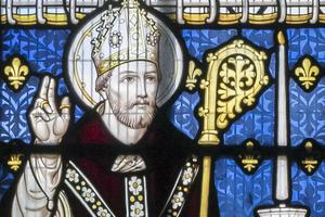 This stained-glass window depicting St. Egwin was made for St. Lawrence church in Evesham, England, by Geoffrey Webb in 1943. This stained-glass window depicting St. Egwin was made for St. Lawrence church in Evesham, England, by Geoffrey Webb in 1943.