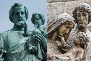 (L) Statue of St. Joseph alongside a statue of the Holy Family, (L) Statue of St. Joseph alongside a statue of the Holy Family,