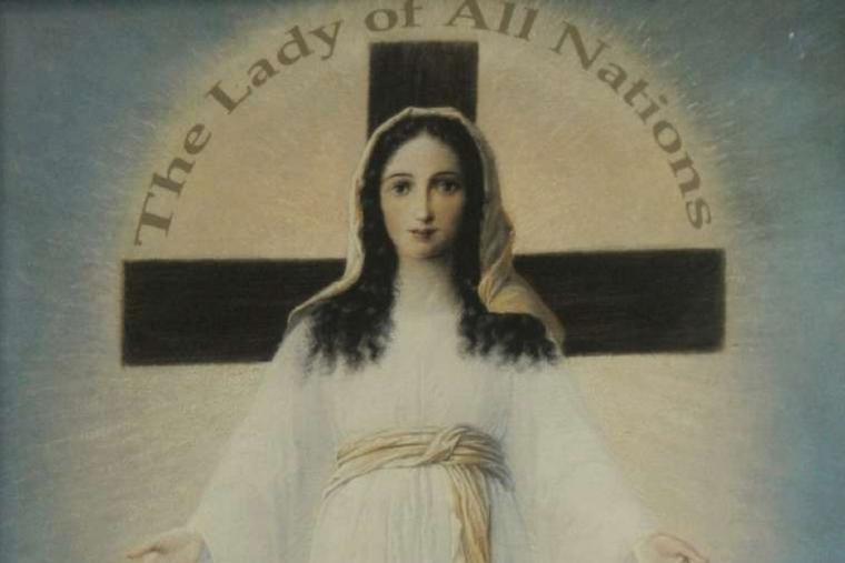 A detail from a painting depicting the Lady of All Nations. A detail from a painting depicting the Lady of All Nations.