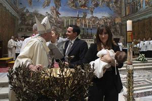 Pope Francis baptizes a child in the Sistine Chapel on the feast of the Baptism of the Lord on Jan. 12, 2020. Pope Francis baptizes a child in the Sistine Chapel on the feast of the Baptism of the Lord on Jan. 12, 2020.