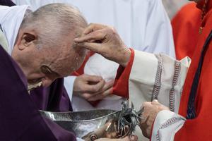 Pope Francis receives ashes on his head during Ash Wednesday in Rome, Feb. 26, 2020. Pope Francis receives ashes on his head during Ash Wednesday in Rome, Feb. 26, 2020.