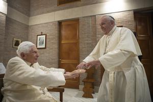 Pope Francis greets Benedict XVI after the creation of new cardinal Nov. 28, 2020. Pope Francis greets Benedict XVI after the creation of new cardinal Nov. 28, 2020.