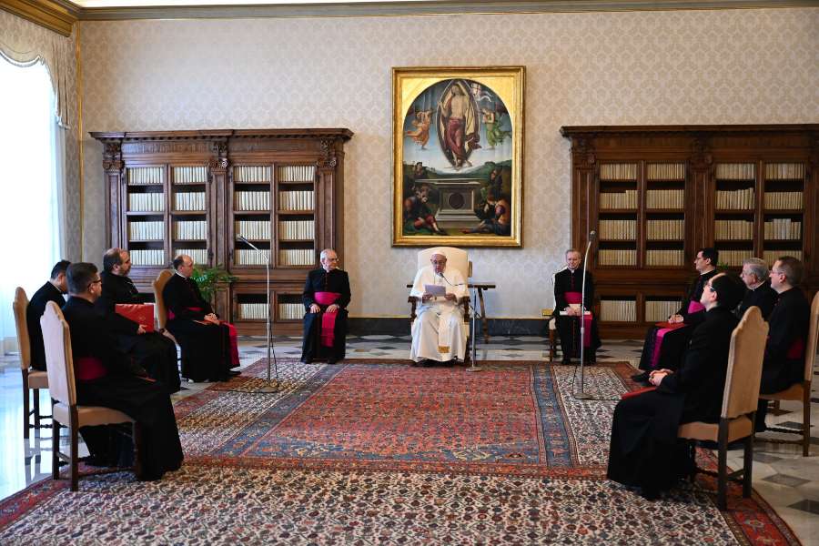 Pope Francis delivers his general audience address in the library of the Apostolic Palace Jan. 20, 2021. Pope Francis delivers his general audience address in the library of the Apostolic Palace Jan. 20, 2021.