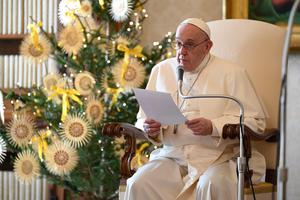 Pope Francis recorded and broadcast the Wednesday general audience from the library of the Vatican's Apostolic Palace during Advent, Dec. 16, 2020. Pope Francis recorded and broadcast the Wednesday general audience from the library of the Vatican's Apostolic Palace during Advent, Dec. 16, 2020.