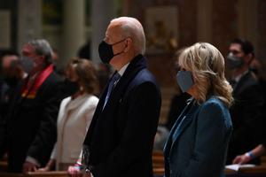 President-elect Joe Biden (C) and incoming First Lady Jill Biden attend Mass at the Cathedral of St. Matthew the Apostle in Washington, DC, on January 20, 2021. President-elect Joe Biden (C) and incoming First Lady Jill Biden attend Mass at the Cathedral of St. Matthew the Apostle in Washington, DC, on January 20, 2021.