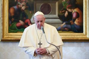 Pope Francis at his general audience address in the library of the Apostolic Palace Jan. 27, 2021. Pope Francis at his general audience address in the library of the Apostolic Palace Jan. 27, 2021.
