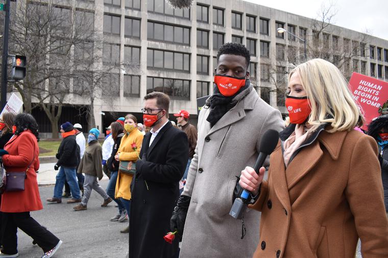 Catherine Hadro (R) interviewed former NFL player Benjamin Watson (L) during the 48th annual March for Life in Washington D.C., Jan. 29, 2021. Catherine Hadro (R) interviewed former NFL player Benjamin Watson (L) during the 48th annual March for Life in Washington D.C., Jan. 29, 2021.