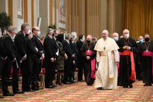Pope Francis meets with the diplomats accredited to the Holy See at the Vatican's Hall of Blessing Feb. 8, 2021. Pope Francis meets with the diplomats accredited to the Holy See at the Vatican's Hall of Blessing Feb. 8, 2021.