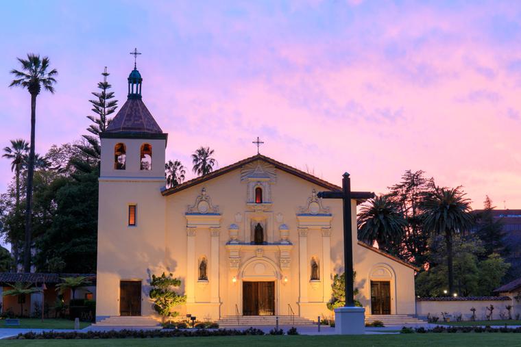 The facade of Mission Santa Clara, student chapel of Santa Clara University. The facade of Mission Santa Clara, student chapel of Santa Clara University.