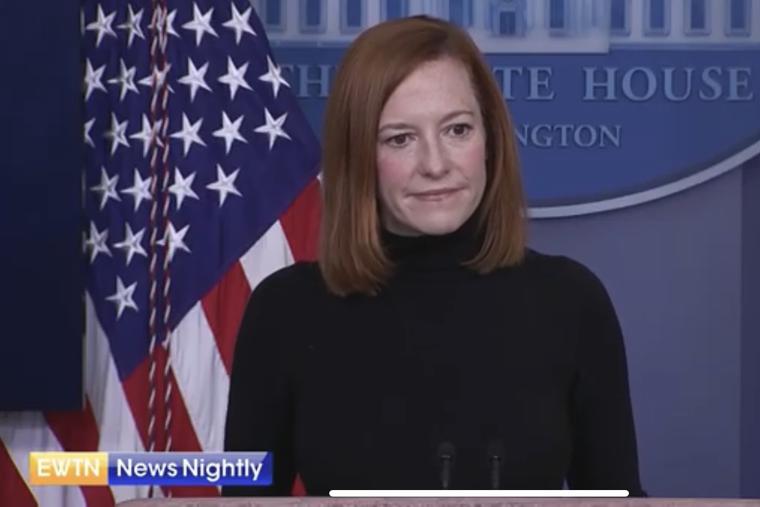 White House Press secretary Jen Psaki answers a question from EWTN News Nightly's Owen Jensen on February 16, 2021. White House Press secretary Jen Psaki answers a question from EWTN News Nightly's Owen Jensen on February 16, 2021.