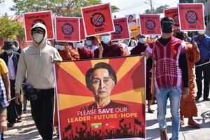 Thousands march in the streets to protest against the military coup in Myanmar on Feb. 16, 2021. Thousands march in the streets to protest against the military coup in Myanmar on Feb. 16, 2021.