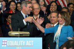 Sen. Jeff Merkley (D-OR) introduces House Speaker Nancy Pelosi (D-CA) during a news conference where House and Senate Democrats introduced the Equality Act on March 13, 2019, in Washington, D.C. The 2019 bill failed after resistance from President Donald Trump and a Republican-led Senate, but a new version of the legislation is being advanced in the 117th Congress. Sen. Jeff Merkley (D-OR) introduces House Speaker Nancy Pelosi (D-CA) during a news conference where House and Senate Democrats introduced the Equality Act on March 13, 2019, in Washington, D.C. The 2019 bill failed after resistance from President Donald Trump and a Republican-led Senate, but a new version of the legislation is being advanced in the 117th Congress.
