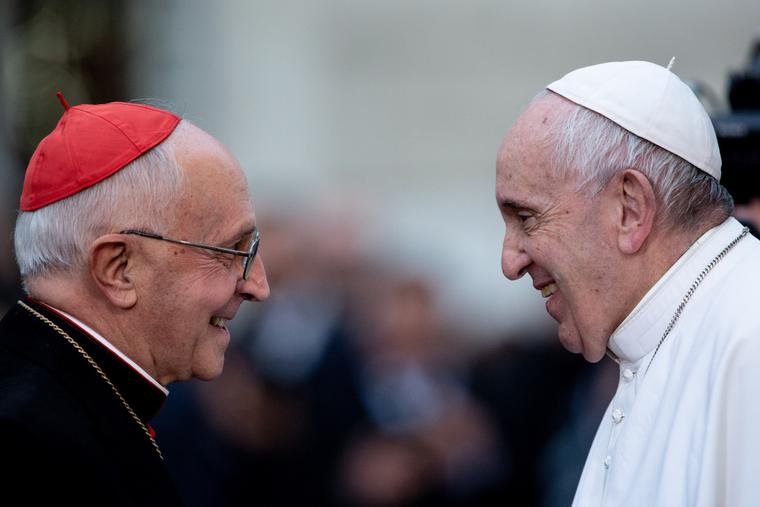 Pope Francis greets Cardinal Fernando Filoni, newly appointed Grand Master of the Equestrian Order of the Holy Sepulchre, during his visit to Rome's Piazza di Spagna to venerate the statue of the Immaculate Conception overlooking the Spanish Steps on Dec. 8, 2019. Pope Francis greets Cardinal Fernando Filoni, newly appointed Grand Master of the Equestrian Order of the Holy Sepulchre, during his visit to Rome's Piazza di Spagna to venerate the statue of the Immaculate Conception overlooking the Spanish Steps on Dec. 8, 2019.