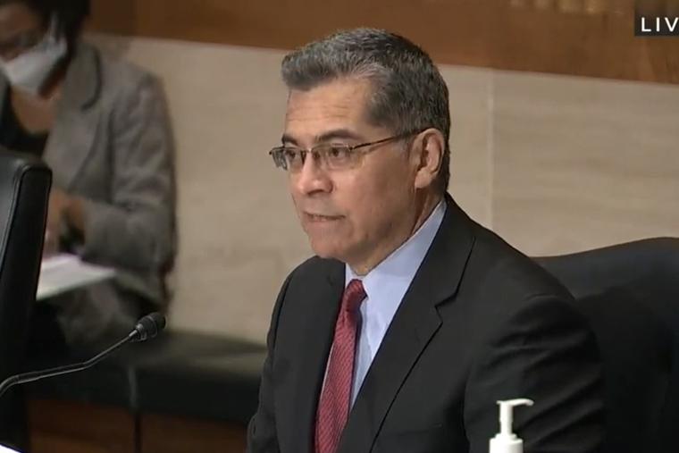 HHS nominee Xavier Becerra during his Senate confirmation hearing February 23, 2021. HHS nominee Xavier Becerra during his Senate confirmation hearing February 23, 2021.
