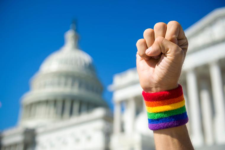A LGBT activist outside the United States Capitol building and Supreme Court. A LGBT activist outside the United States Capitol building and Supreme Court.