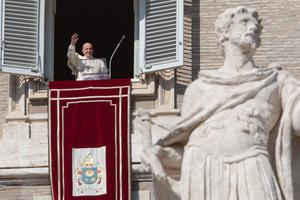 Pope Francis waves to pilgrims after the Sunday Angelus in St. Peter's Square, Oct. 27, 2019. Pope Francis waves to pilgrims after the Sunday Angelus in St. Peter's Square, Oct. 27, 2019.