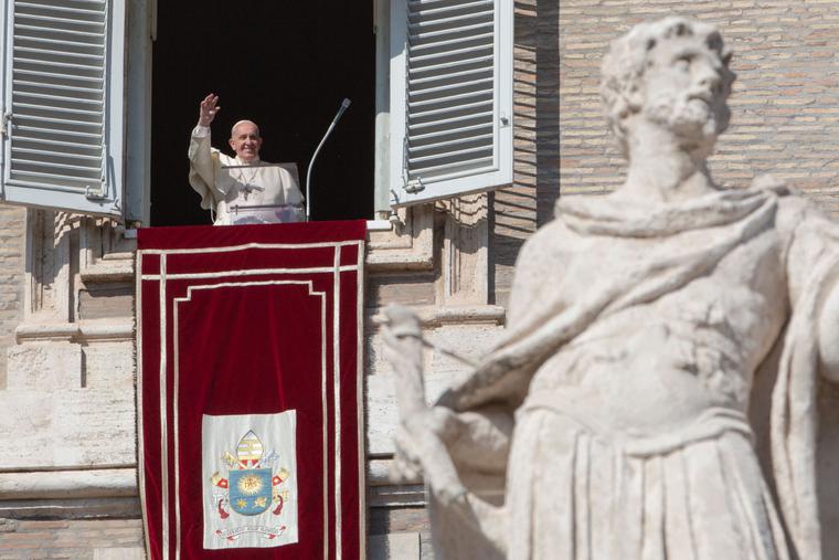 Pope Francis waves to pilgrims after the Sunday Angelus in St. Peter's Square, Oct. 27, 2019. Pope Francis waves to pilgrims after the Sunday Angelus in St. Peter's Square, Oct. 27, 2019.