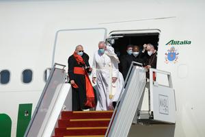 Pope Francis arrives and is welcomed at Baghdad International Airport, making it the first time a pope visits the country of Iraq, on March 5th, 2021. Pope Francis arrives and is welcomed at Baghdad International Airport, making it the first time a pope visits the country of Iraq, on March 5th, 2021.