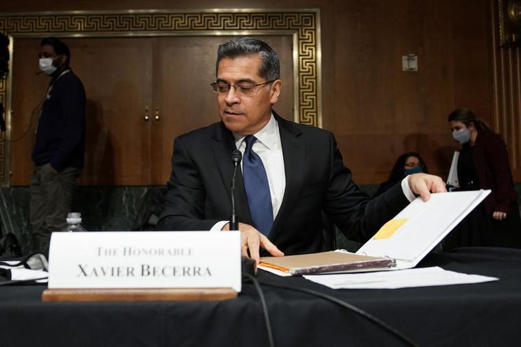 Xavier Becerra, nominee for Secretary of Health and Human Services, is seen at the start of a break at his Senate Finance Committee nomination hearing on February 24, 2021 at Capitol Hill in Washington, DC. Xavier Becerra, nominee for Secretary of Health and Human Services, is seen at the start of a break at his Senate Finance Committee nomination hearing on February 24, 2021 at Capitol Hill in Washington, DC.
