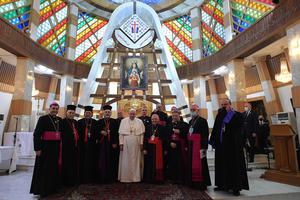 Pope Francis meets with Bishops, Priests, Religious, Seminarians and Catechists in the Syriac Catholic Cathedral of Our Lady of Salvation on March 5th, 2021. Pope Francis meets with Bishops, Priests, Religious, Seminarians and Catechists in the Syriac Catholic Cathedral of Our Lady of Salvation on March 5th, 2021.